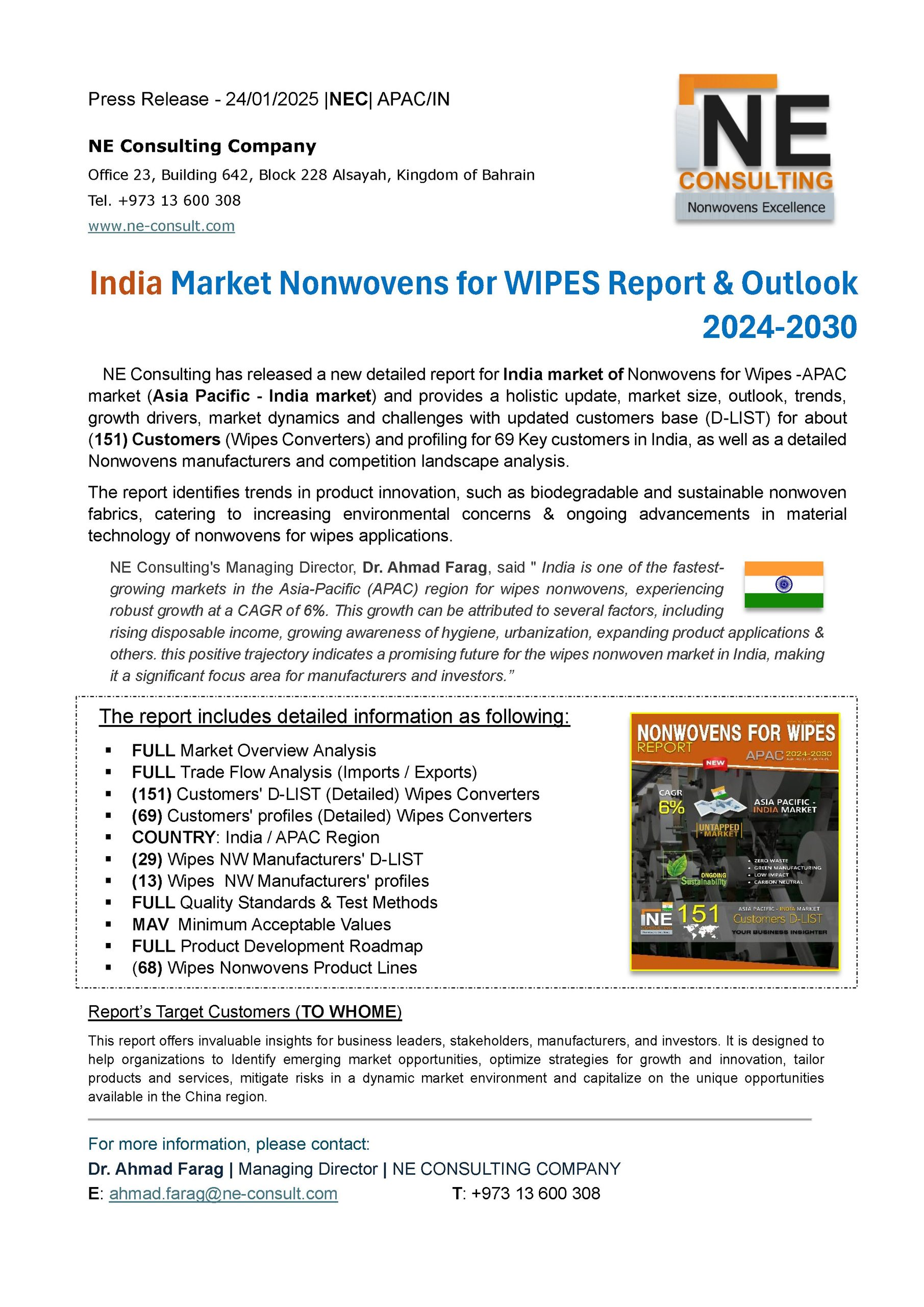 India Market Nonwovens for WIPES Report & Outlook 2024-2030