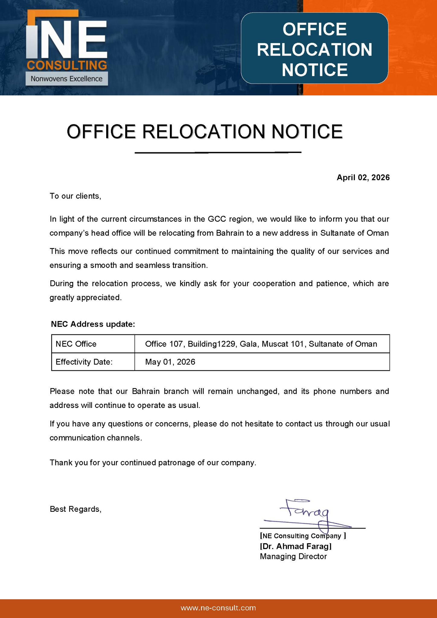 Office Relocation Notice, | April 02, 2026 |